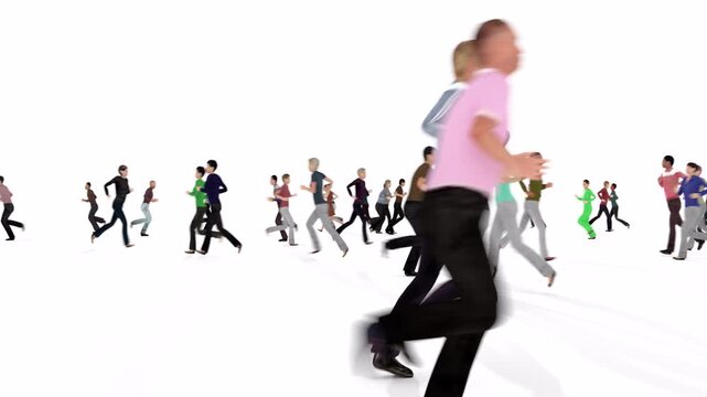 Side View of People Running in Opposite Directions on White Background Symbolizing Business Competition