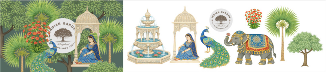 Obraz premium Elegant Indian Mughal garden illustration set featuring peacock, elephant, royal pavilion, fountain, trees and traditional woman. Decorative oriental elements for invitation, background, poster