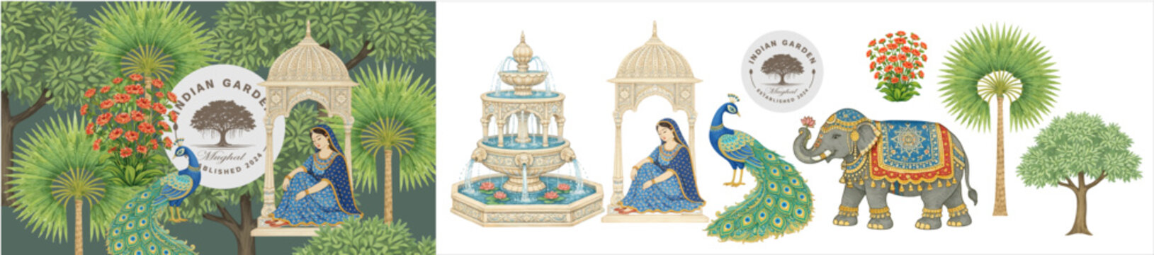 Elegant Indian Mughal garden illustration set featuring peacock, elephant, royal pavilion, fountain, trees and traditional woman. Decorative oriental elements  for invitation, background, poster