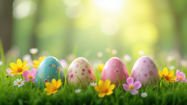 easter eggs decorated with flowers nestled in green grass spring festive outdoor scene concept of greeting cards, seasonal marketing, retail promotion