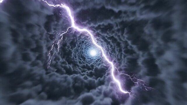 A dramatic swirling tunnel of dark storm clouds with bright light and lightning strikes.