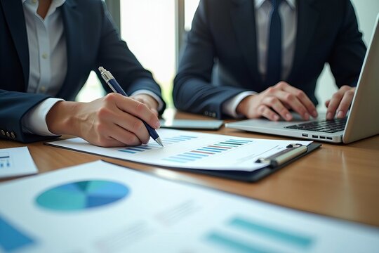 In-depth view of two professionals analyzing financial data at a desk, focusing on tax implications, regulatory compliance, and financial strategy.