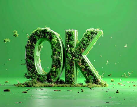 OK" letters adorned with green vegetation, set against a vibrant green backdrop with realistic shadows and lighting