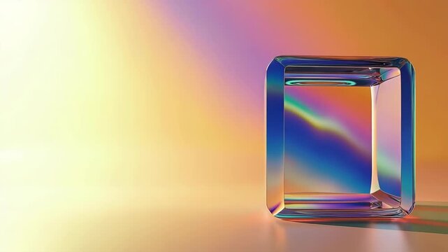 Modern abstract image featuring a transparent glass cube with iridescent reflections, placed on a vibrant orange and yellow gradient background, ideal for design and creative projects.
