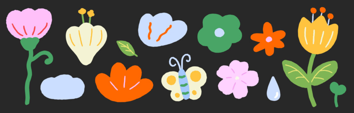 Spring Flowers and Leaves Vector Illustration Set