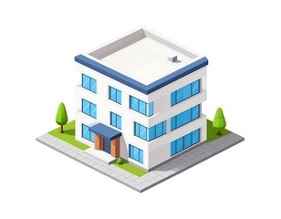 Isolated isometric three-story building with windows, trees, and paved ground on a white background