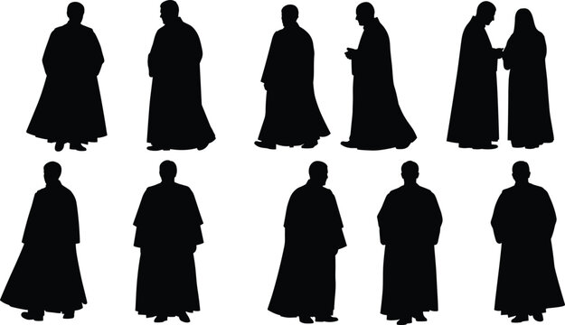 Priest and clergy silhouettes collection, religious people standing poses set, church pastor shadow figures isolated, spiritual robe outline illustration bundle