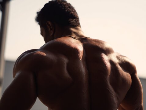 Close-up of a man's back with visible muscles and sweat, indicating physical activity.
