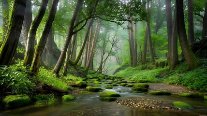 Obraz premium Serene forest stream with mossy stones and trees
