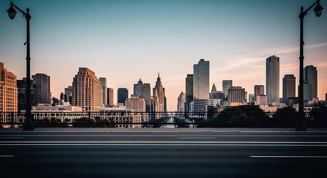 A city skyline at sunset with a road in the foreground and tall buildings in the background.