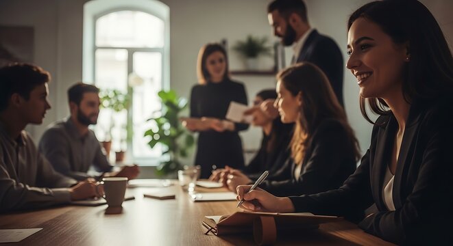 A group of diverse business professionals engaged in a meeting around a wooden conference table in a modern office.