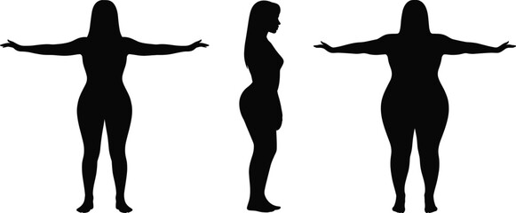 Female body silhouettes, diverse figure vector, anatomy illustration art, fitness design, health decor, fashion comparison icons, black shapes, human posture