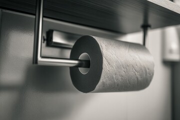 Black and white image of a roll of toilet paper being dispensed from a metal holder.