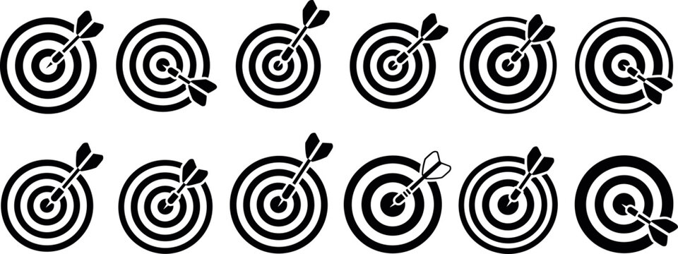 Target board icons collection, dart hitting bullseye symbols, goal achievement focus vector illustration set