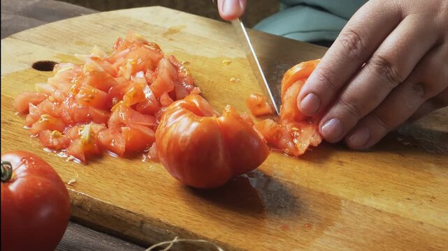 A woman's hands cut fresh tomatoes with a knife on a cutting board on a wooden table. Medium shot.