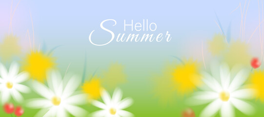 A background with chamomiles and dandelions. A blurred illustration of a blue sky, green foliage, and yellow and white flowers. A vector summer composition with abstract flowers for greeting banners © Hanna