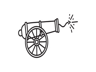 Fototapeta premium A simple line drawing of a cannon firing with a large wheel and sparks