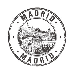 Obraz premium Vintage style stamp featuring a skyline of Madrid Spain