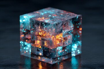 Obraz premium A highly detailed 3d rendering of a glowing crystal cube with vibrant orange and blue lights on a dark reflective surface