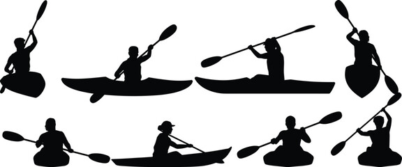 Kayaking silhouettes set of people paddling in canoes and kayaks, rowing athletes icons, outdoor water sports activity on white background © Sabina