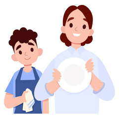 Fototapeta premium Happy Mother and Son Washing Dishes Together