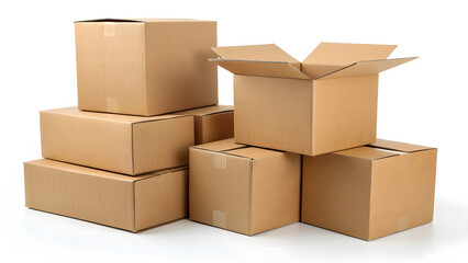 Fototapeta premium Stack of Six Brown Cardboard Shipping Boxes Isolated on White