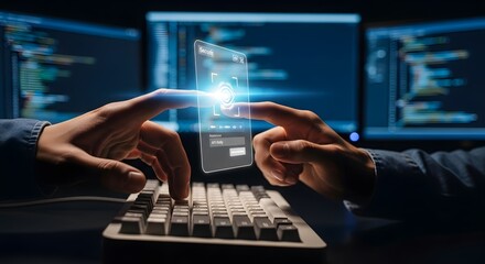 Fototapeta premium Software Programmer Typing on Keyboard with Secure Login and Identity Verification Holographic Interface in a Dark Office.