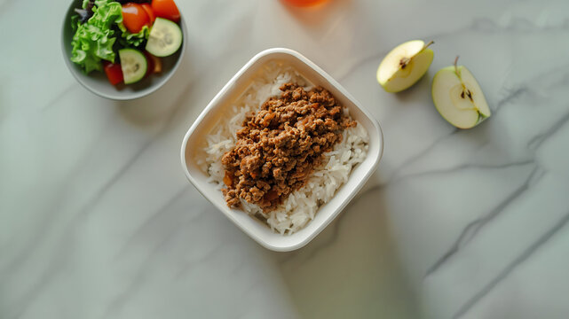 Ground Beef and White Rice in Plastic Container - Meal Prep and Healthy Diet Concept , Boy Kibble