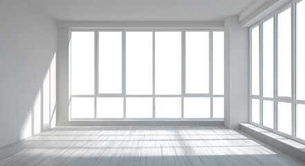 Obraz premium Bright empty room interior with panoramic windows, isolated on transparent cutout background