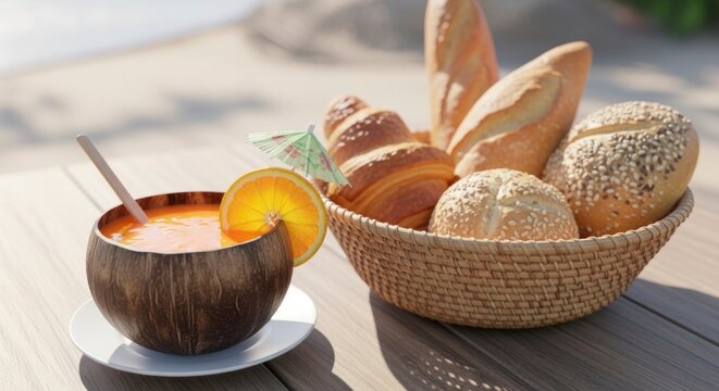 Fresh bread selection and orange juice in natural light for culinary projects