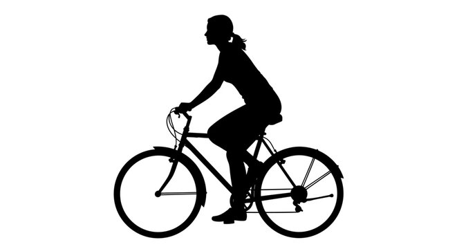 Active woman riding a bicycle in silhouette on isolated white background.