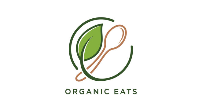 Organic Eats logo with leaf and spoon, representing healthy natural food, isolated white background.