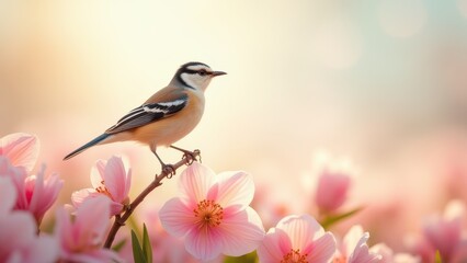 Fototapeta premium spring bird rising gently from flower petals soft elegant spring scene with pastel colors easter seasonal nature concept of greeting cards, floral design, holiday promotion
