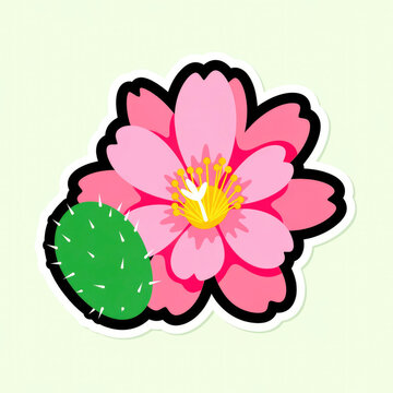 Pink cactus flower illustration with green cactus pad, desert bloom, isolated on light green background, vibrant desert flora
