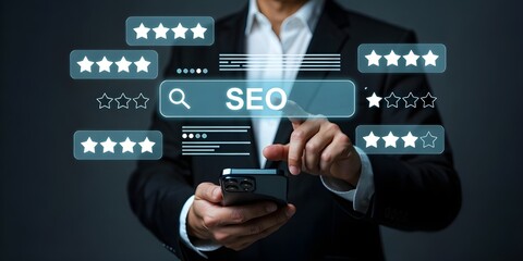 Businessman Using Smartphone With SEO Search And Star Ratings Hologram For Digital Marketing