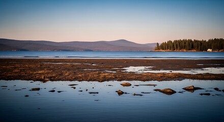 Naklejka premium A serene landscape of a body of water with mountains and trees in the background at sunset