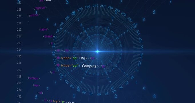 Blue core appearing, radial HUD rotating and pulsing while code column scrolling, showing threats
