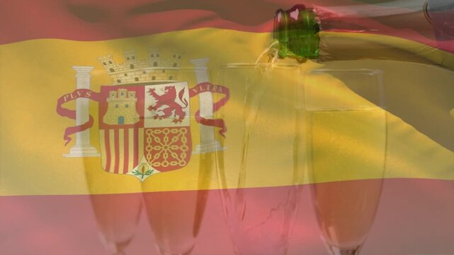 Spanish flag overlay rippling as green bottle entering, tilting, pouring and filling right flute