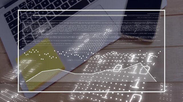 Camera panning in, HUD overlay drawing frame and plotting area chart, showing data over laptop keys
