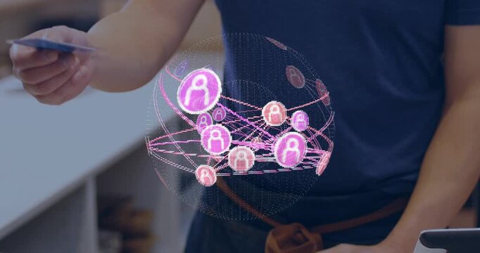 Client extending card, barista inserting at cafe POS, pink globe rotating around hands for payment