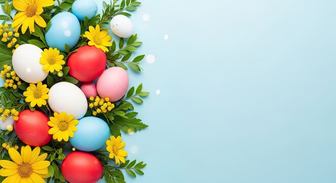 Ester day celebration with colorful easter eggs and flowers