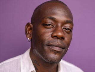Obraz premium black man with shaved head white shirt close up isolated on a purple background