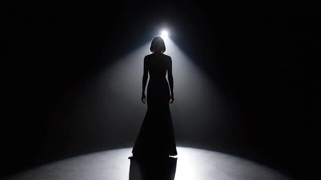Silhouette of empowered woman standing in a spotlight on dark stage. 4K Video