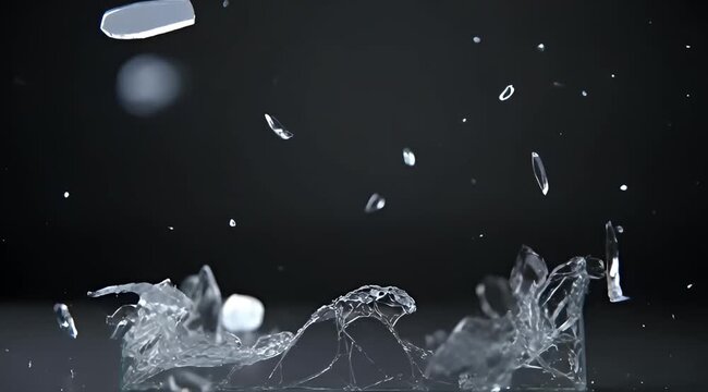 A dynamic shot of shattered glass in mid air against dark background