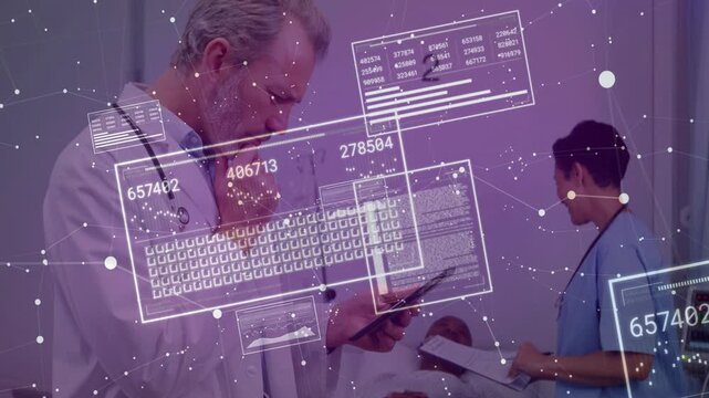 Doctor tapping tablet activating medical AR HUD for patient assessment while nurse consulting chart