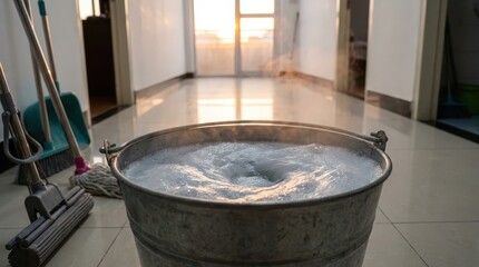 Boiling Water in a Metal Bucket with Steam Rising