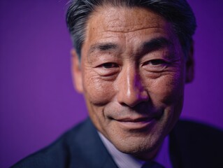 Fototapeta premium japanese businessman in dark suit subtle smile isolated on a purple background
