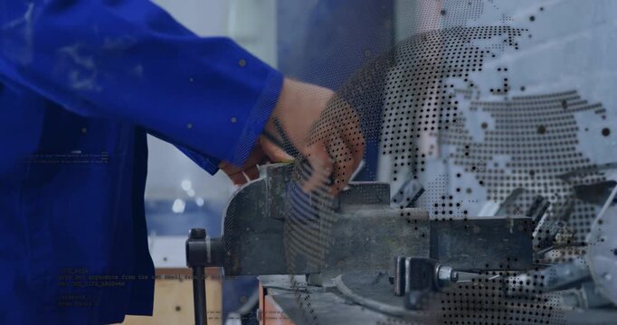 Worker placing bracket into vise causing animated dotted panel showing clamp securing part in shop