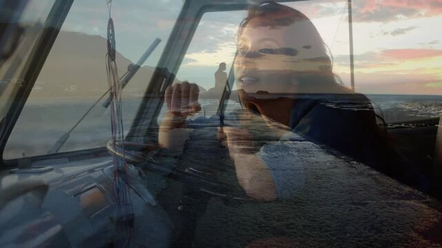 Woman at helm leaning on wheel frames unfolding and dusk figure overlay appearing inspiring design