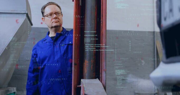 Male mechanic inspecting red lift post in auto garage, code overlays appearing and guiding gaze